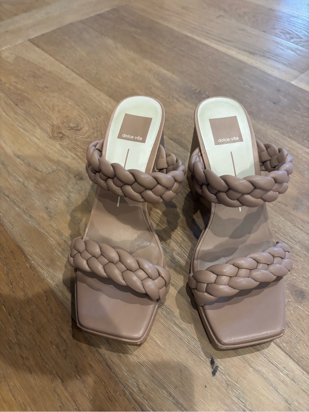 Dolce Vita Braided Double-Strap Heeled Slides in Taupe